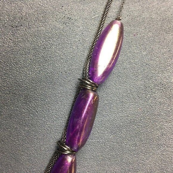 Iridescent Purple Multistrand Necklace Long Faceted Silver Mesh Chain Retro - Picture 4 of 9